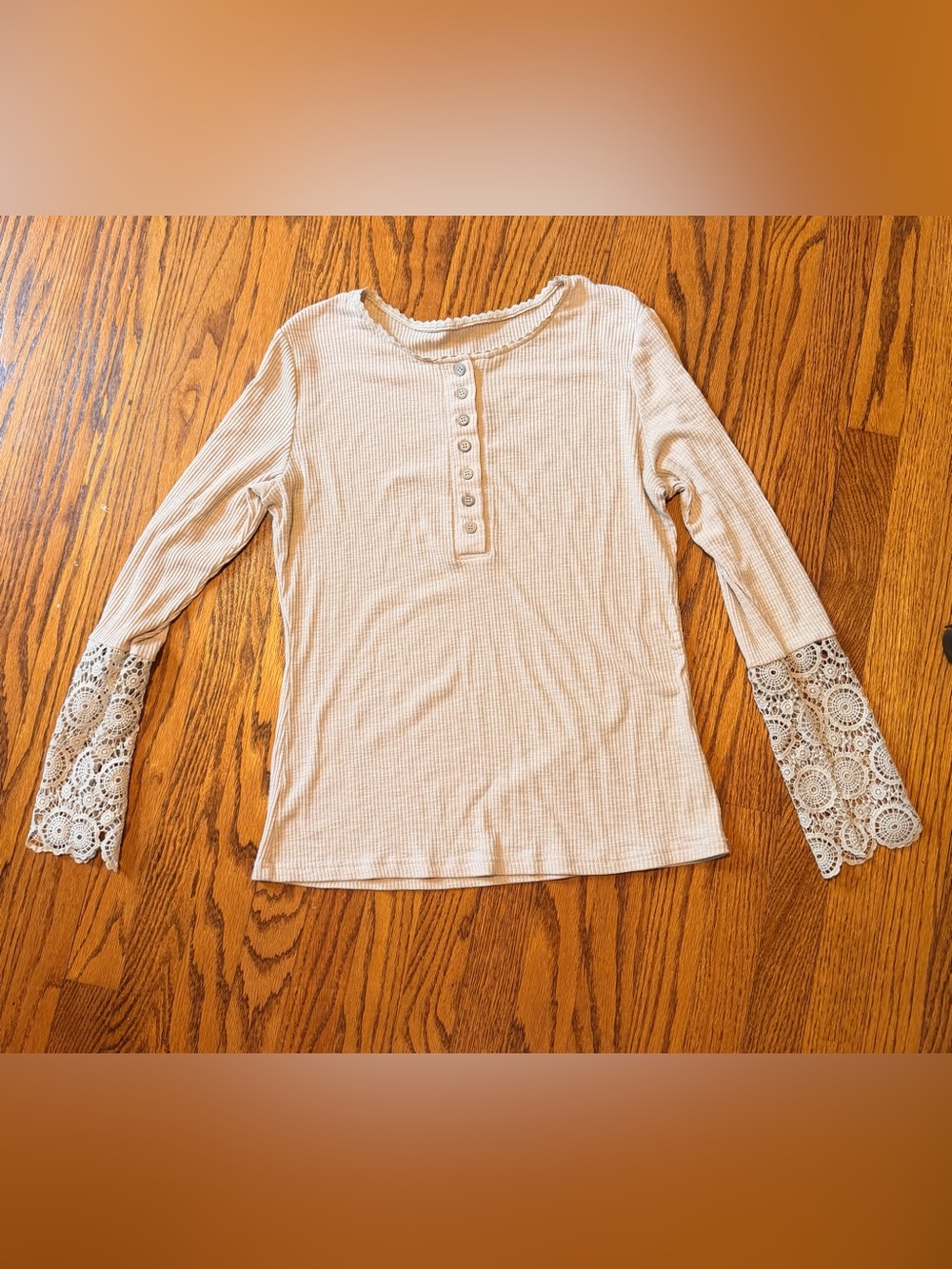 SHEIN-Waffle Knit Henley Top with Lace Bell Sleeves - Cream - Size XL